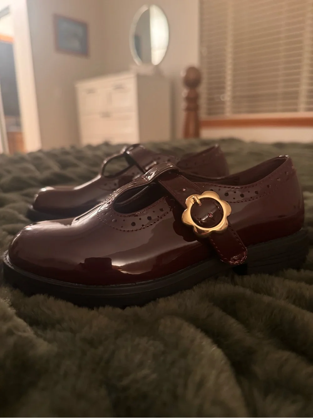 GAP Girls Patent Mary Janes in Deep Burgundy with Gold Buckle